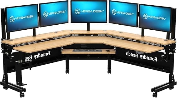Split-level bamboo L-shaped standing desk with height control system