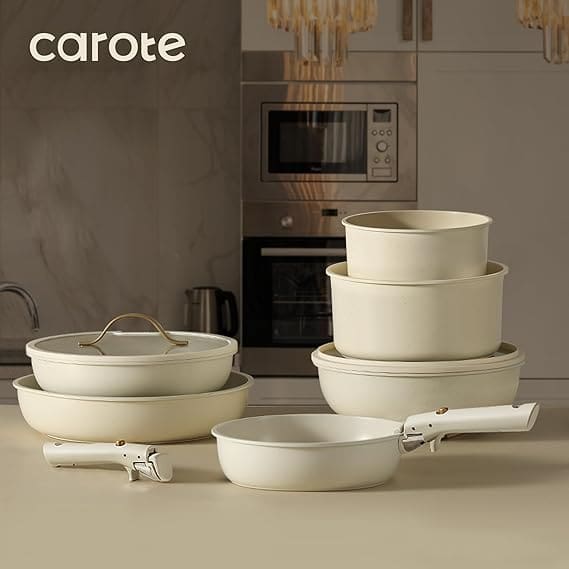 CAROTE Cookware Set – Premium Non Stick Pots and Pans 1 CAROTE cookware set non stick cream white design
