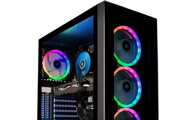 iBUYPOWER Gaming PC Element 9260 with RGB lighting and Intel i7 processor on gaming desk