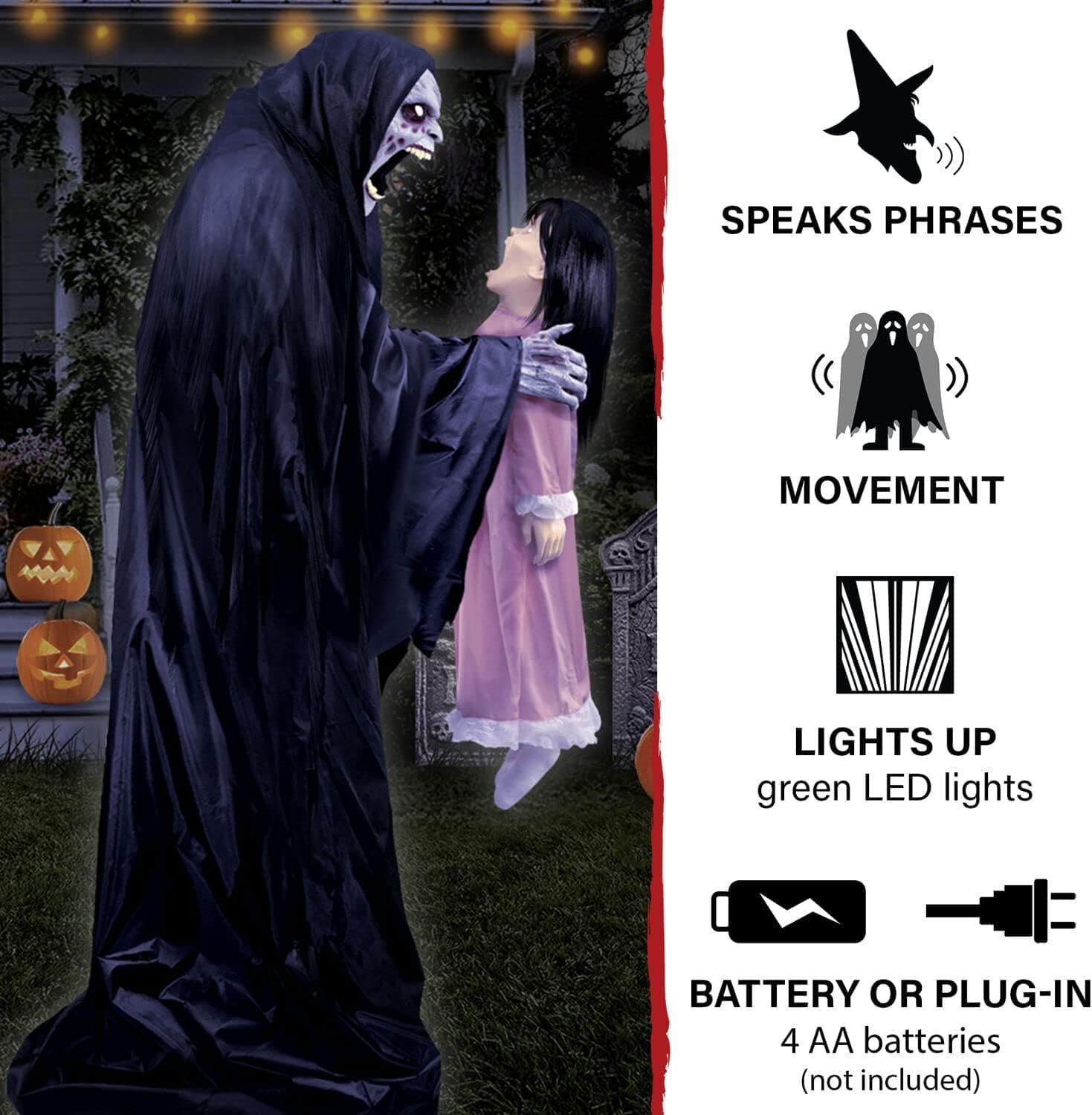Covered outdoor setup featuring the scary Halloween animatronic reaper by Tekky