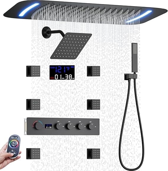 LED Rainfall Shower System dual shower heads matte black