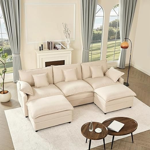 U Shaped Couch in beige linen with deep seats