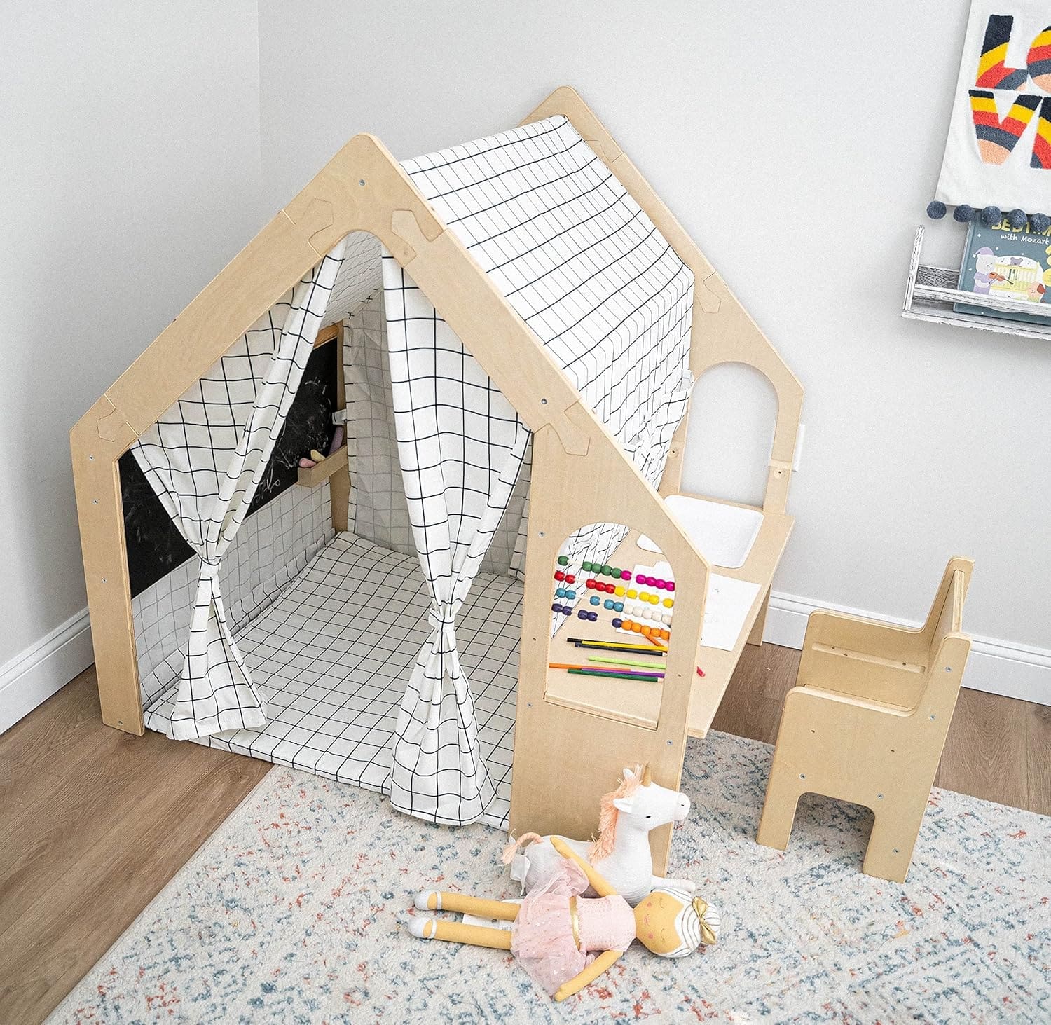 Wooden Montessori playhouse with chalkboard