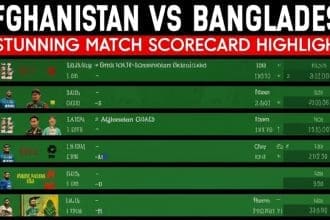 Cricket match scorecard highlights displayed.